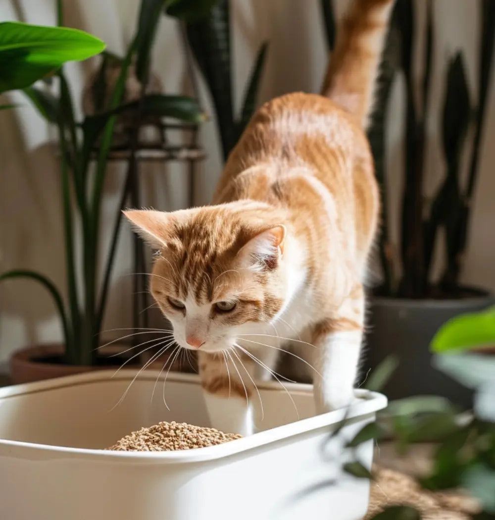un chat qui entre dans un bac à litière contenant la litière végétale Jopy