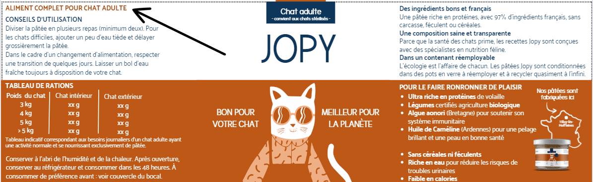 mention pâtée complète sur emballage de pâtée pour chat JOPY